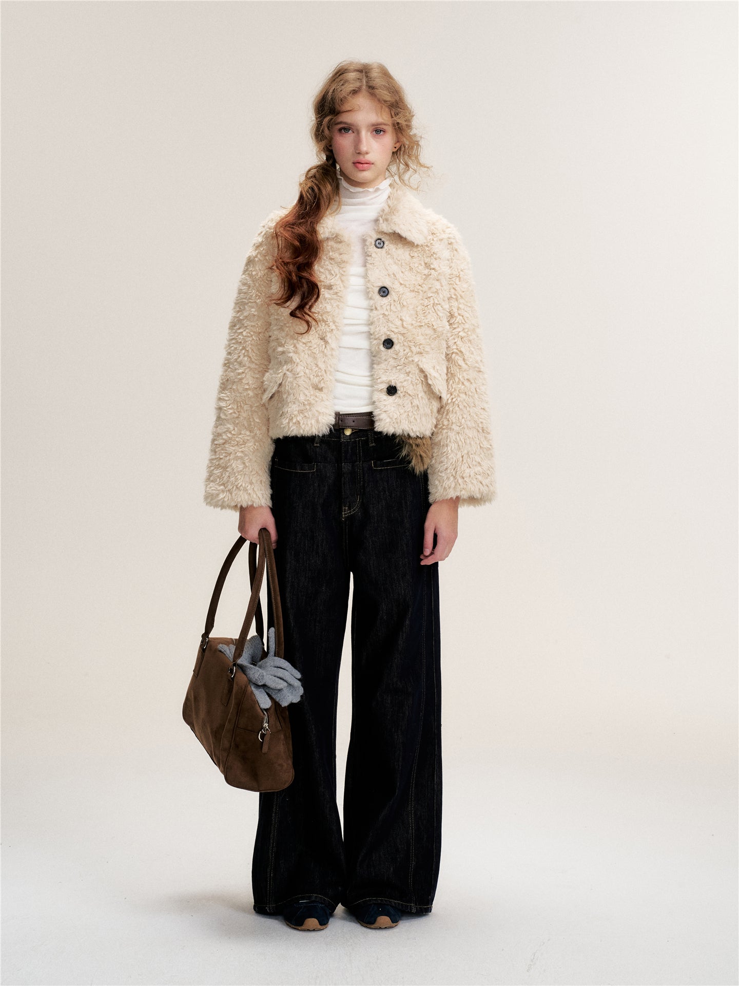 16DEWS 16D25489 Lamb fur one-piece single breasted short jacket