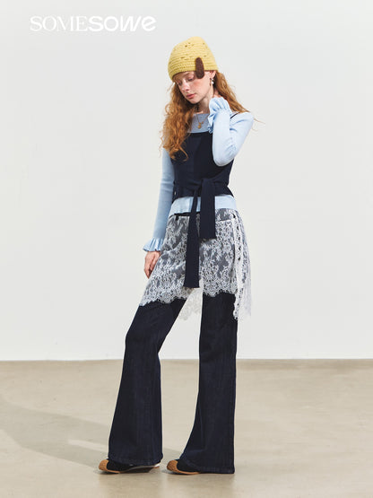 SOMESOWE S2508252 Fake two piece lace micro flared jeans
