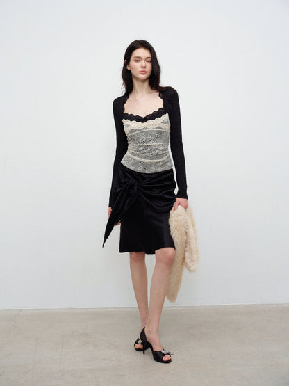 NONCESTNON N379 Color-Block Lace Long-Sleeve Top