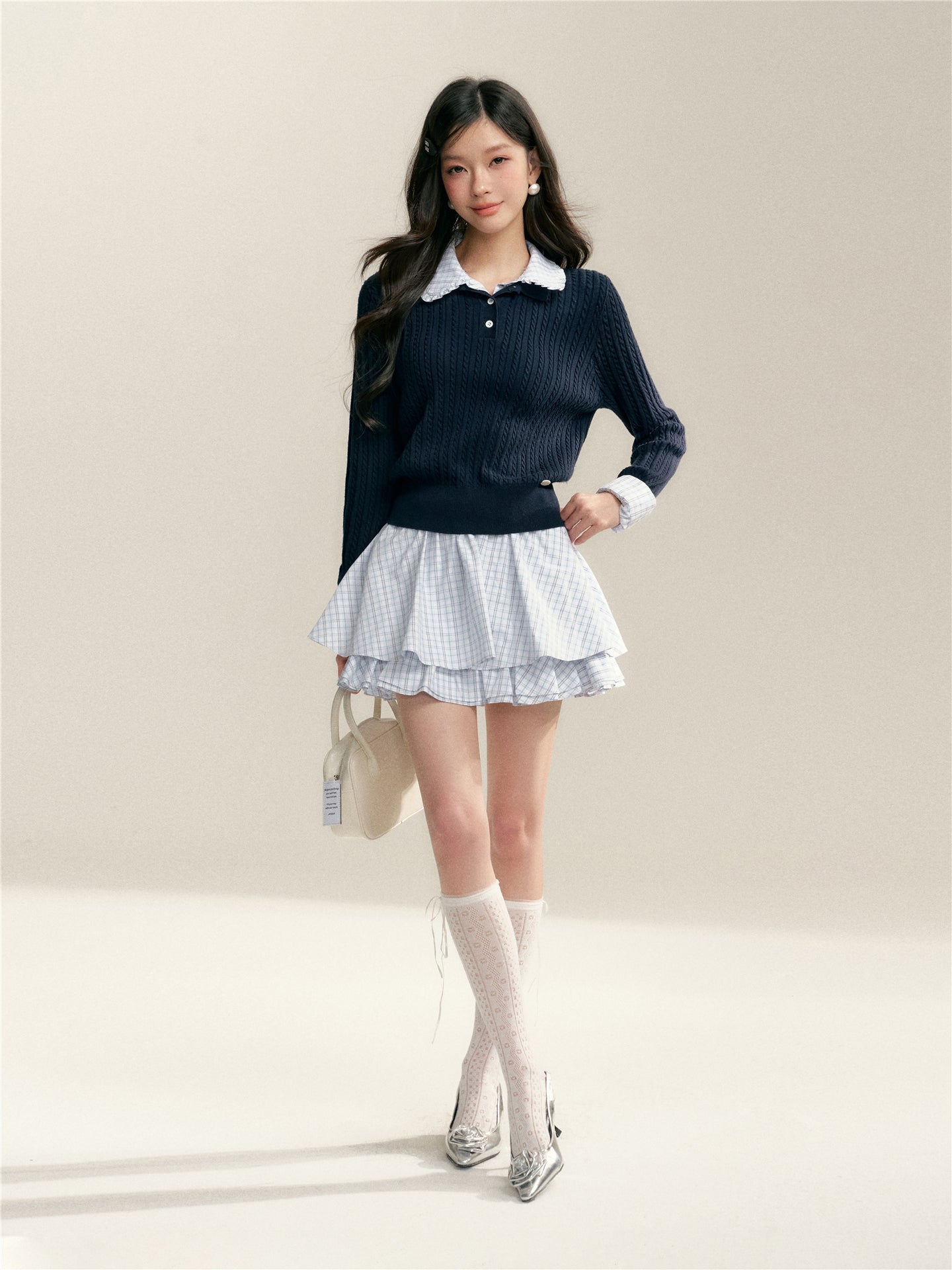 16DEWS 16D26009 Fake two-piece checkered spliced knitted sweater