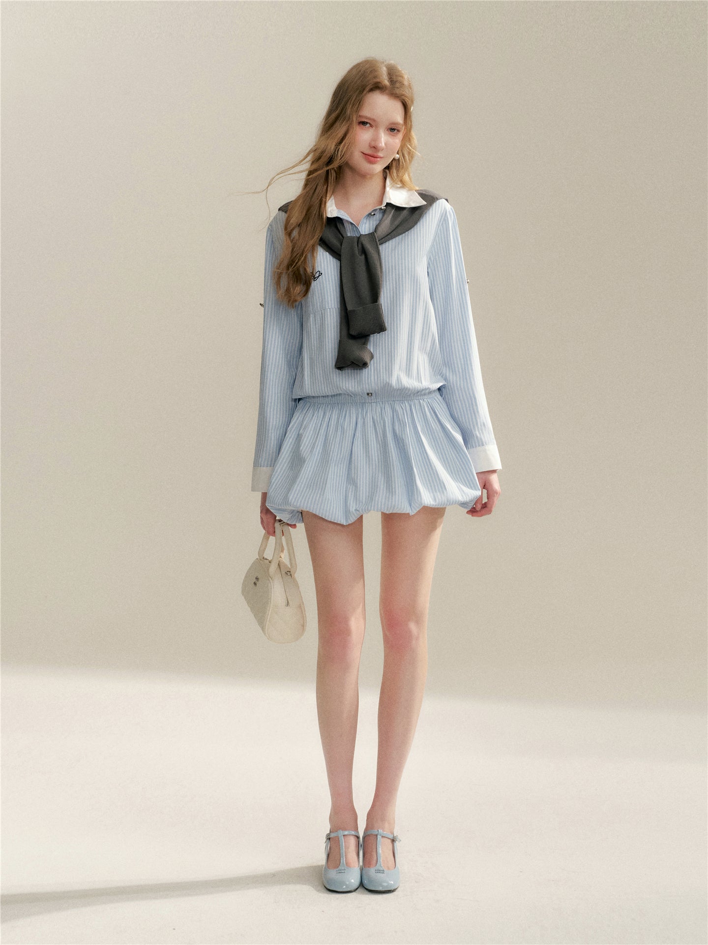 16DEWS 16D26047 Splicing striped shirt flower bud dress