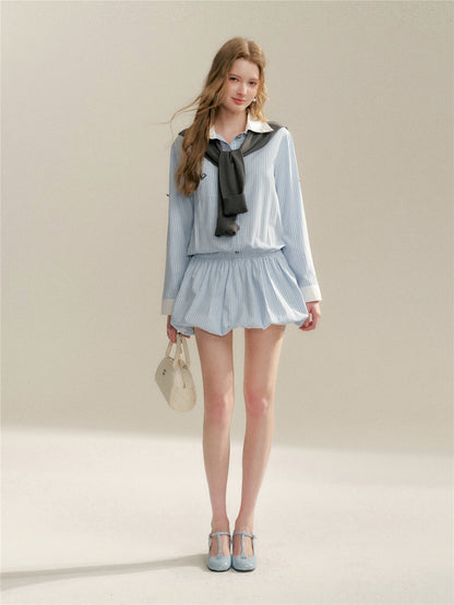 16DEWS 16D26047 Splicing striped shirt flower bud dress