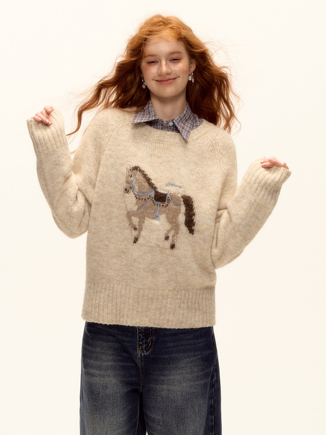 AsGony ASG25480 Wool pony jacquard embroidered round neck sweater