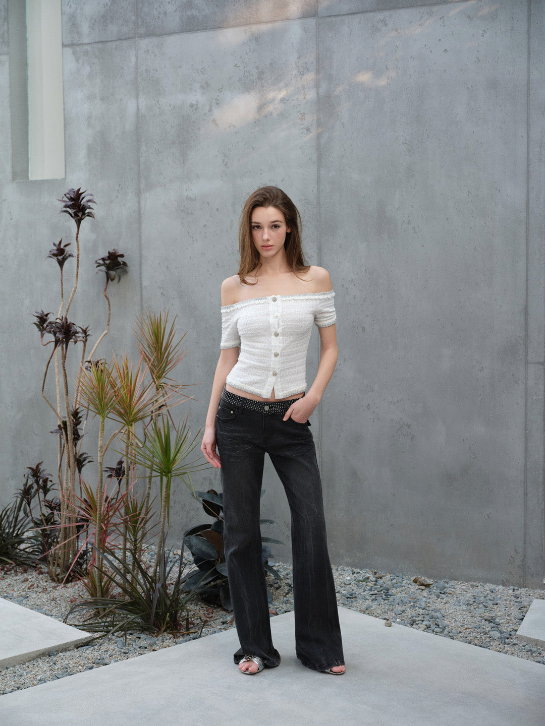 NONCESTNON N320 Lace off shoulder top