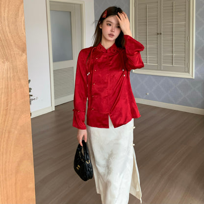 Aimme Sparrow 9075 Neo-Chinese red shirt with pearl pendant