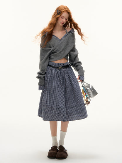 AsGony ASG25413 Plaid pleated midi skirt