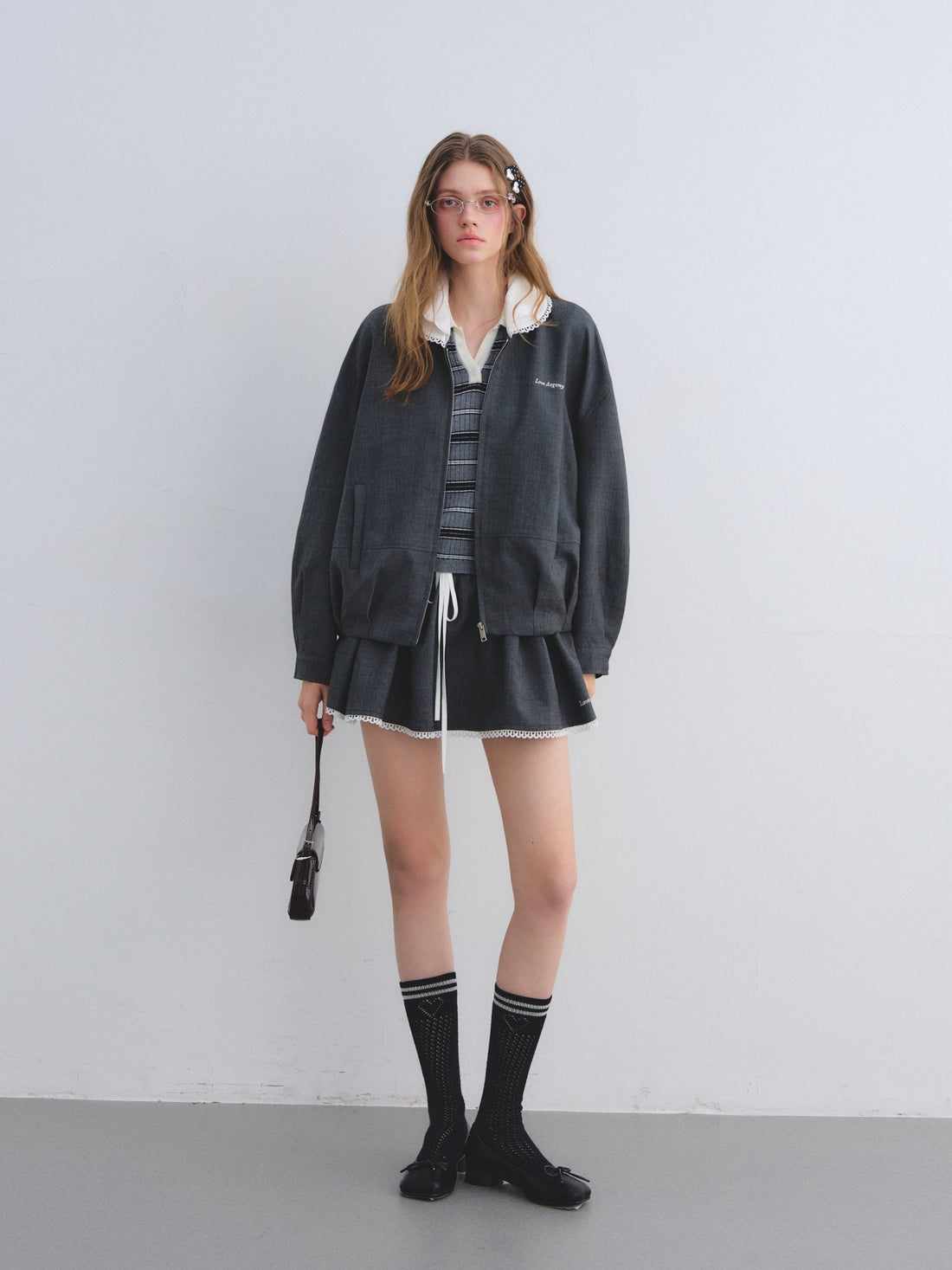 AsGony ASG25668&amp;ASG25645 Lace collar decorative flower bud jacket + short skirt set