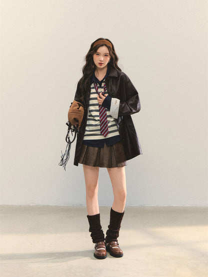 AsGony ASG25334 Cuff plaid patchwork leather jacket