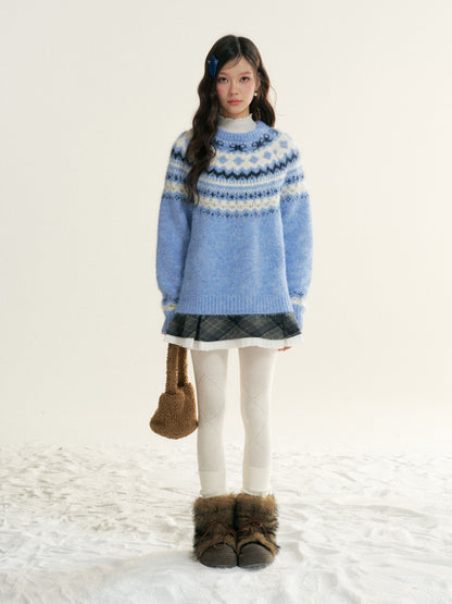 16DEWS 16D25511 Fair Isle Cable Knit Crewneck Sweater