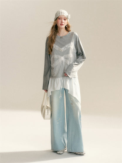 16DEWS 16D26062 Lace Splicing Fake Two Piece Irregular T-shirts