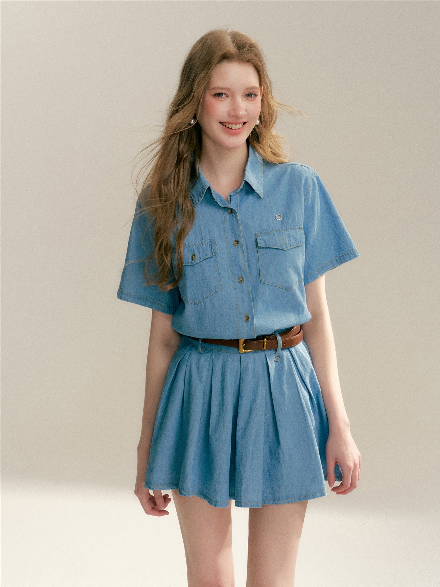 16DEWS 16D24084 Soft denim short sleeved shirt + skirt set