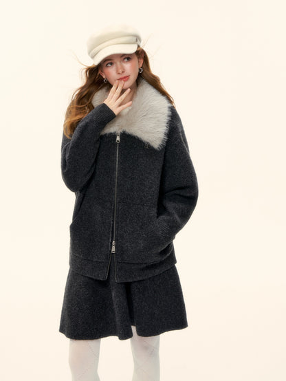 AsGony ASG25601 Wool Flannel Lapel Zippered Knit Sweater Jacket