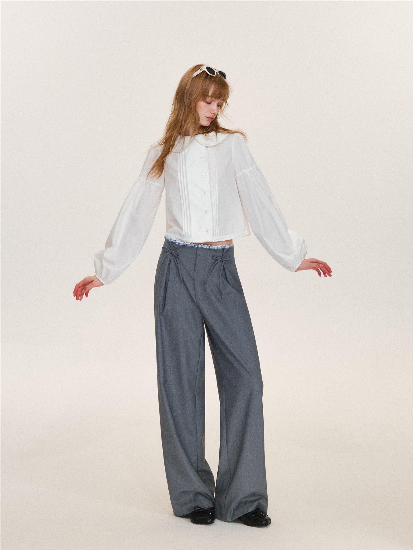 Asgony ASG26565 Tuck-Pleat Lace Trim Collar Blouse