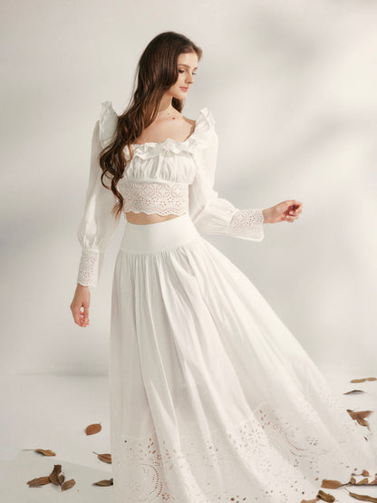 YZZI HE French embroidery hollowed out lace top + skirt set