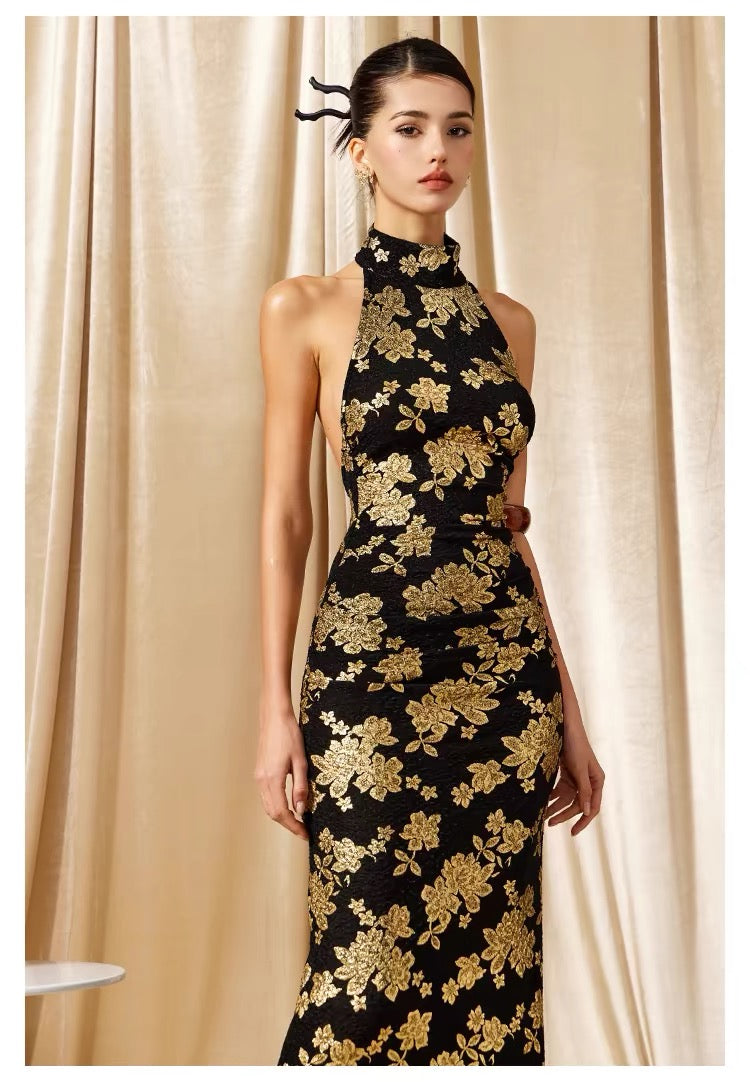 FINDYAWINGS Golden Black Cheongsam