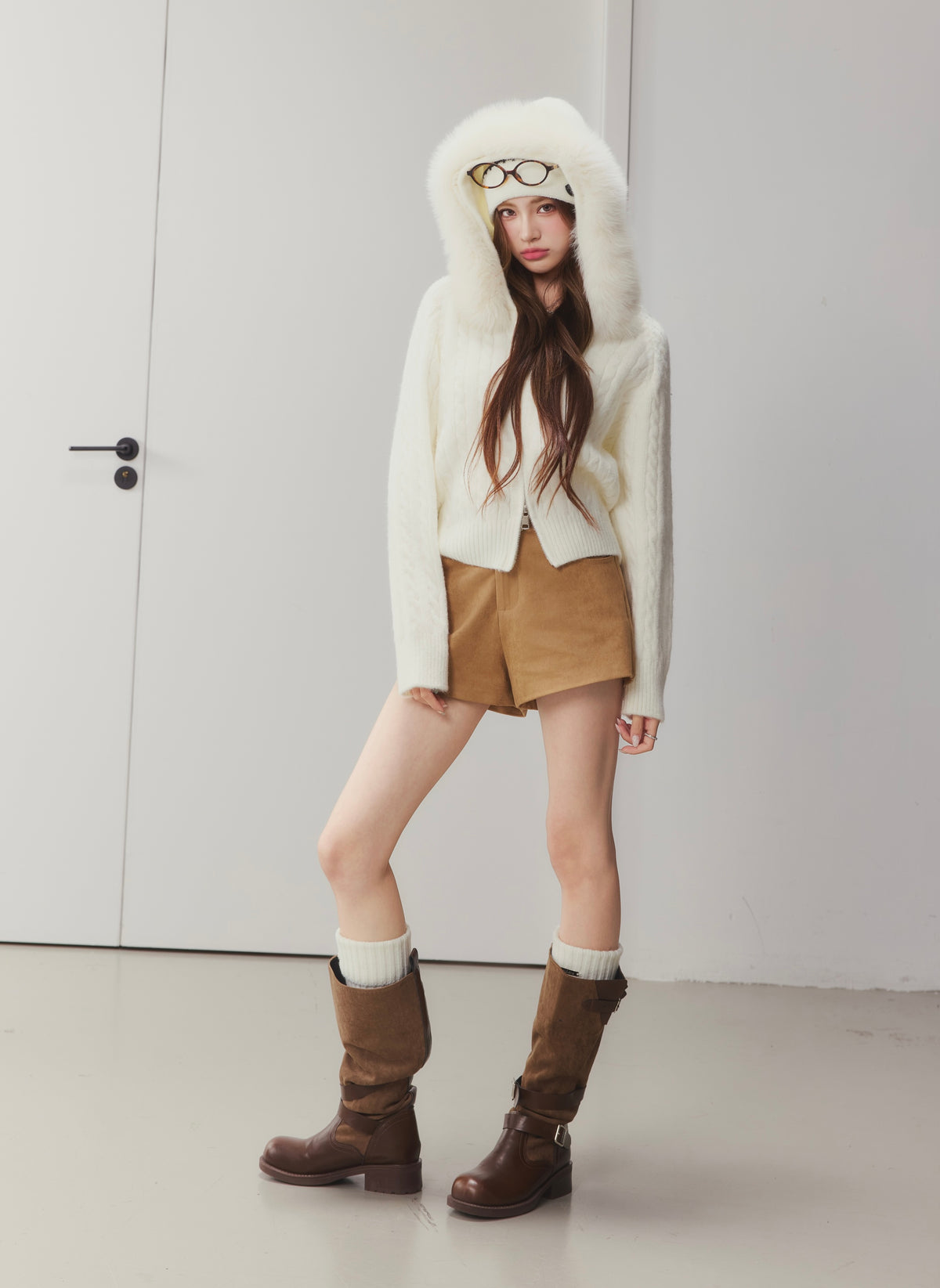 OTEBANBASS Ote260908 Fox Fur Hooded Cable Knit Cardigan