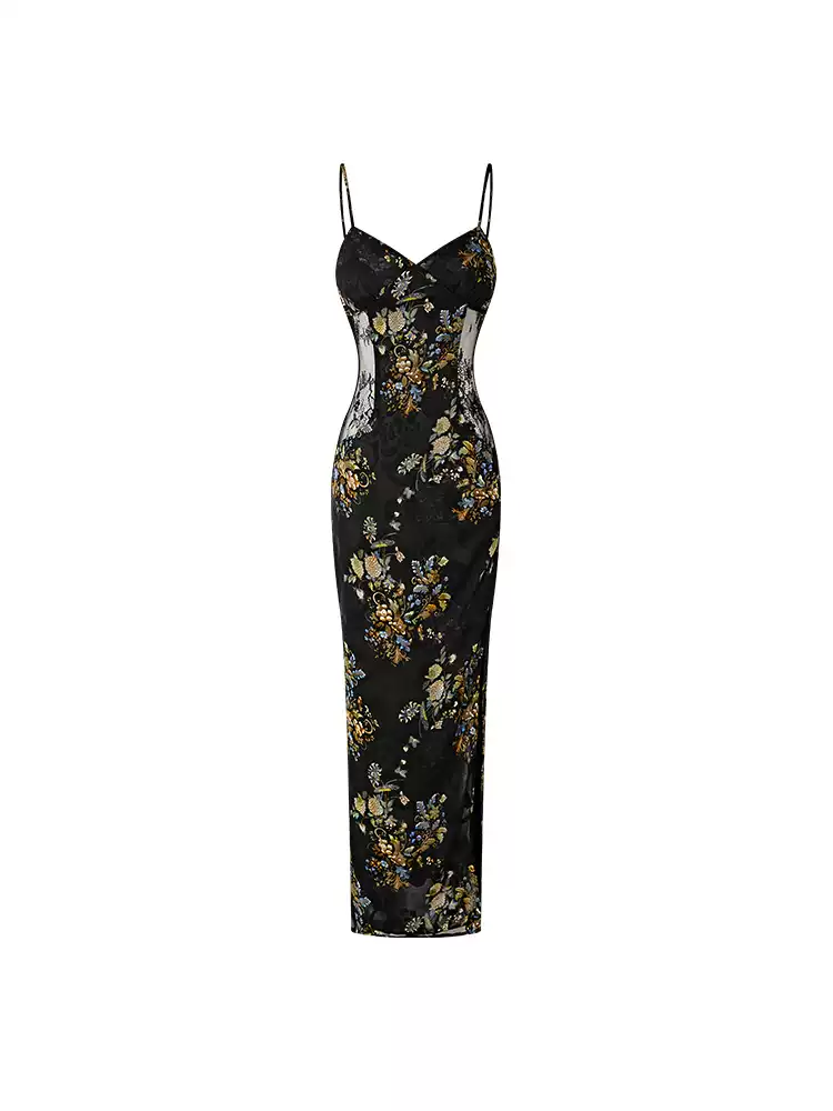 FIND YA WINGS Sheer Mesh Cut-out Waist Panel Midi Dress