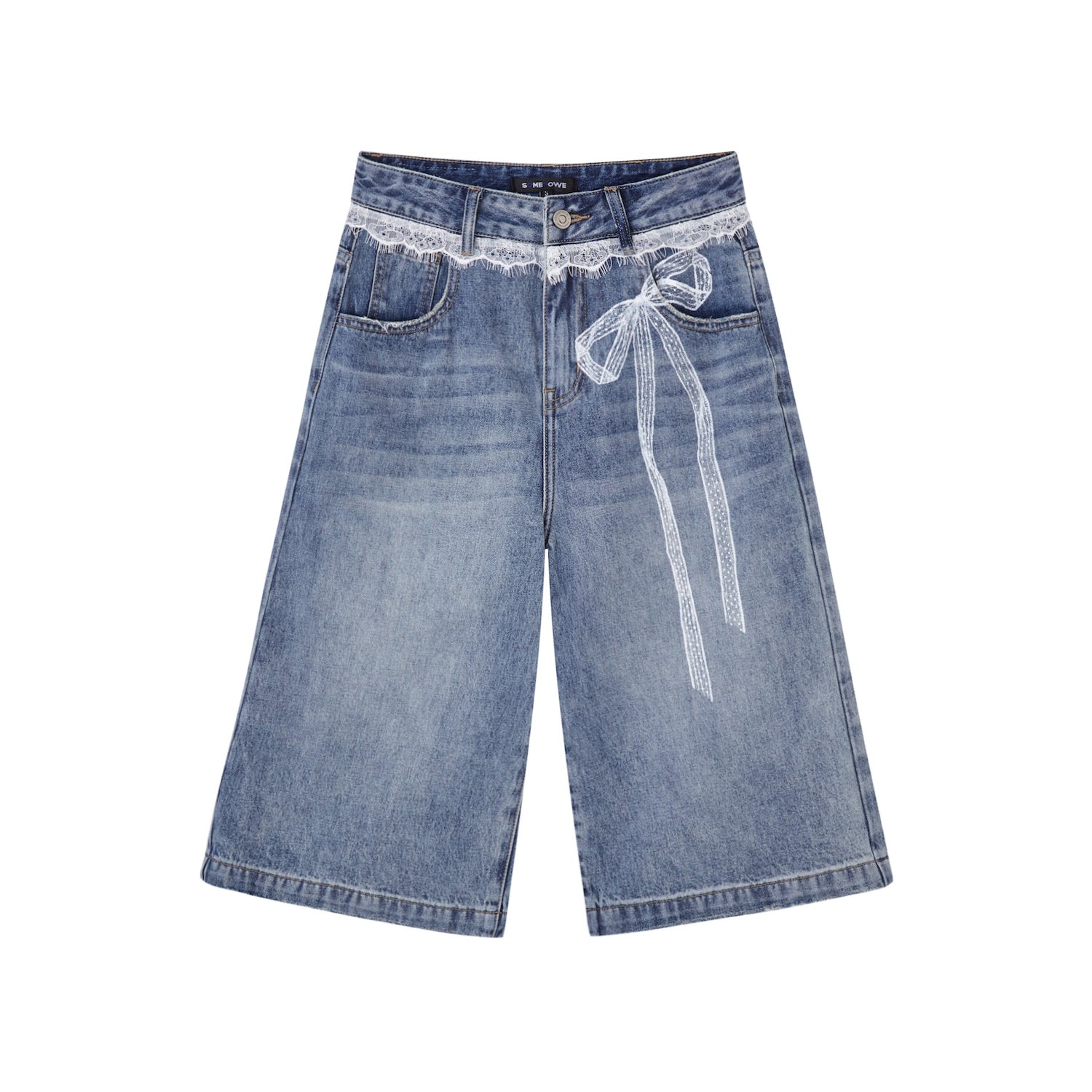 SOMESOWE S2508109 Lace printed wide leg denim shorts