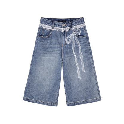 SOMESOWE S2508109 Lace printed wide leg denim shorts