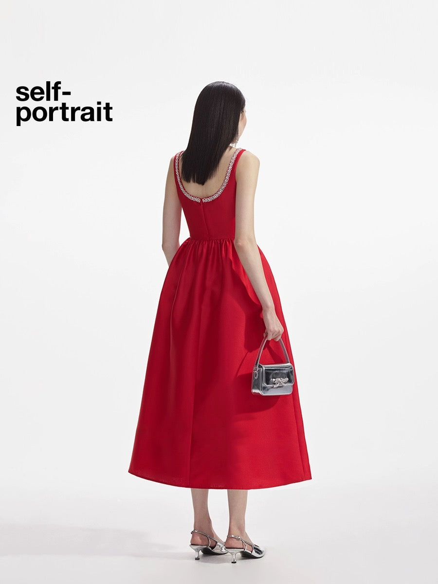 Self-Portrait RED TAFFETA DIAMANTE MIDI DRESS