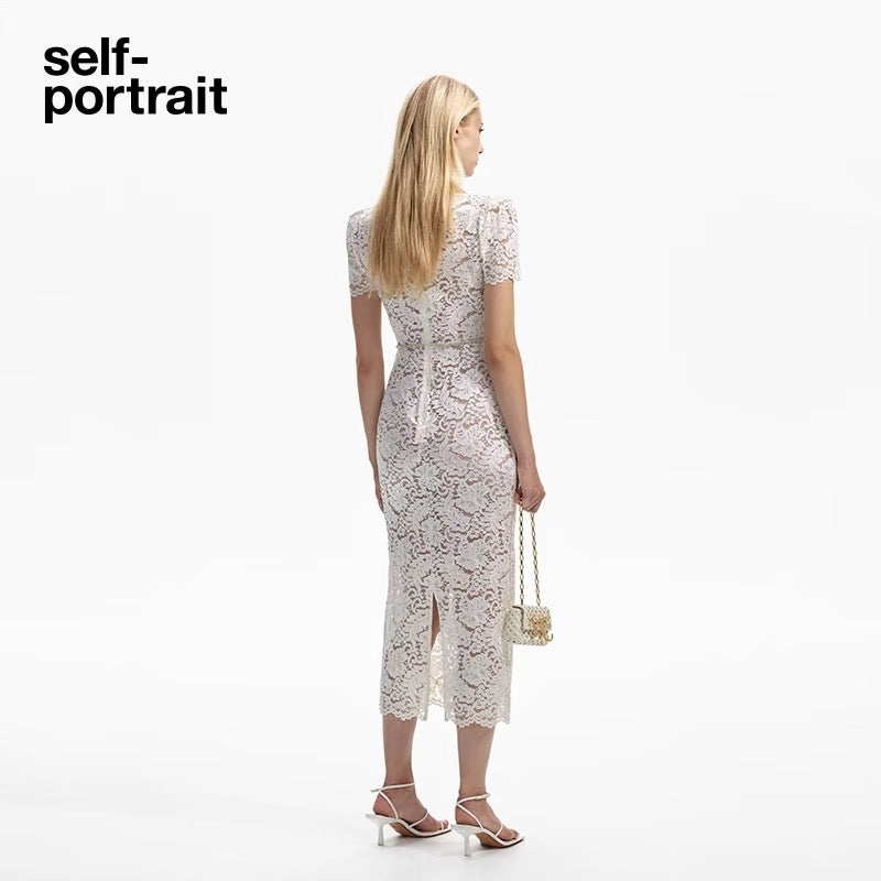 Self-Portrait SALE CREAM CORD LACE MIDI DRESS