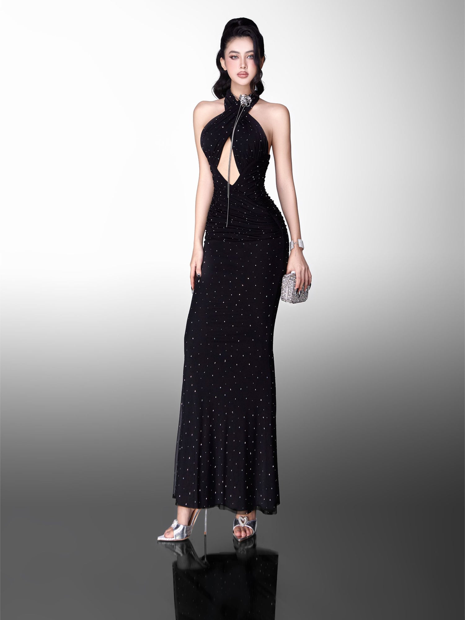 Glam Doll Long cross-neck stretch rhinestone dress(2 Colors)