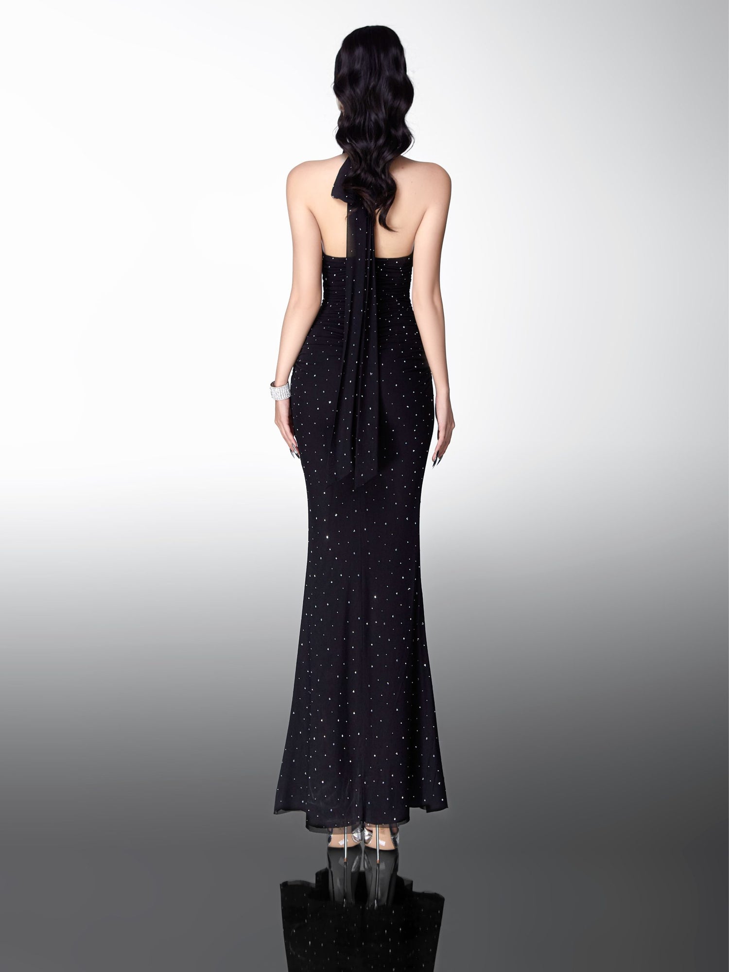 Glam Doll Long cross-neck stretch rhinestone dress(2 Colors)