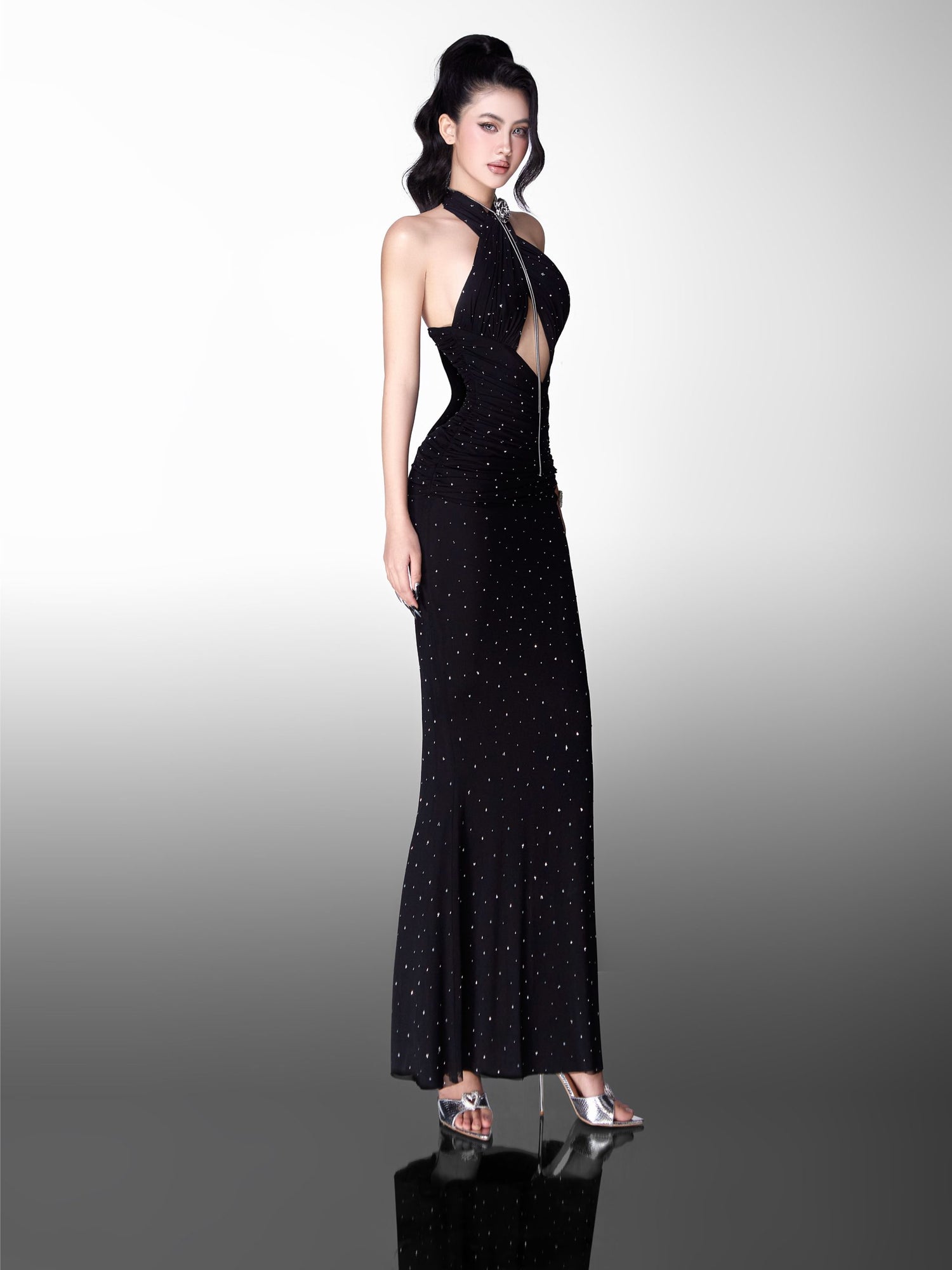 Glam Doll Long cross-neck stretch rhinestone dress(2 Colors)