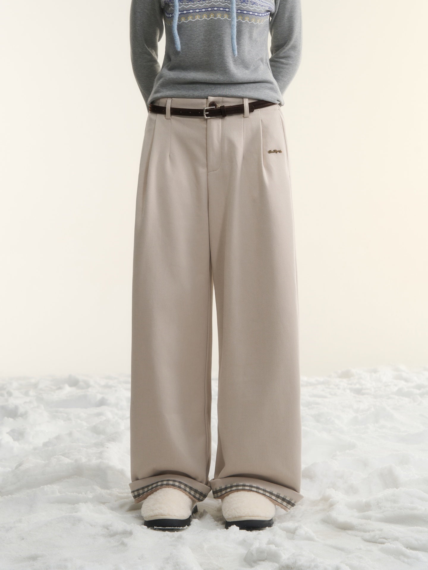 AsGony ASG25530 Plaid wide leg elastic and plush casual pants