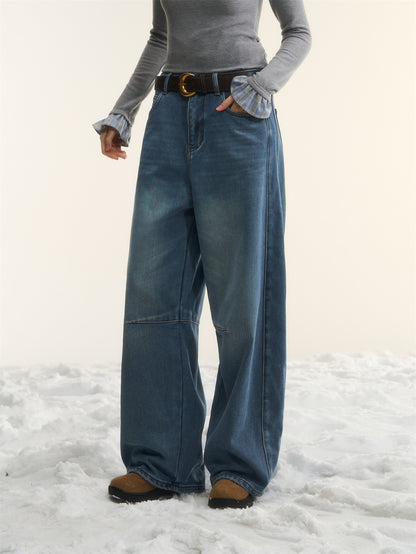 AsGony ASG25570 Plush versatile curved knife washed denim jeans