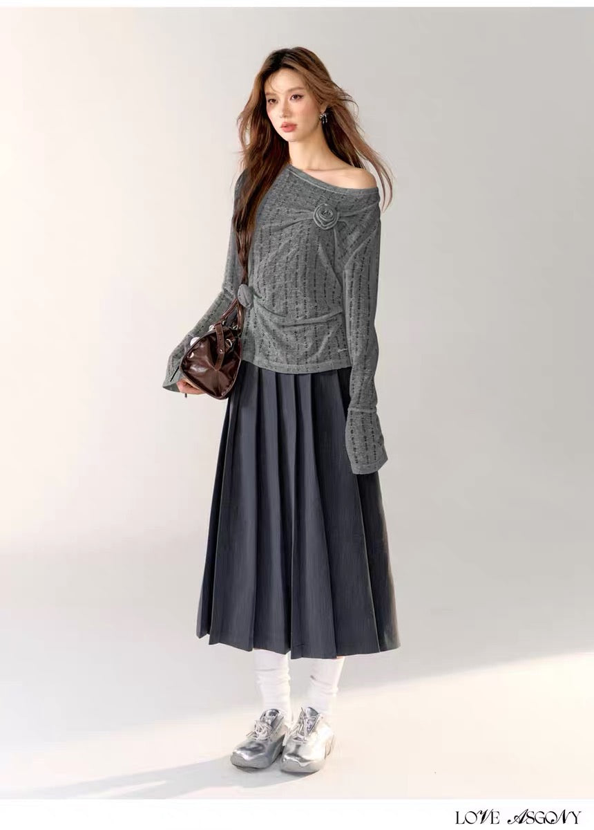 AsGony Grey Pleated Midi Dress