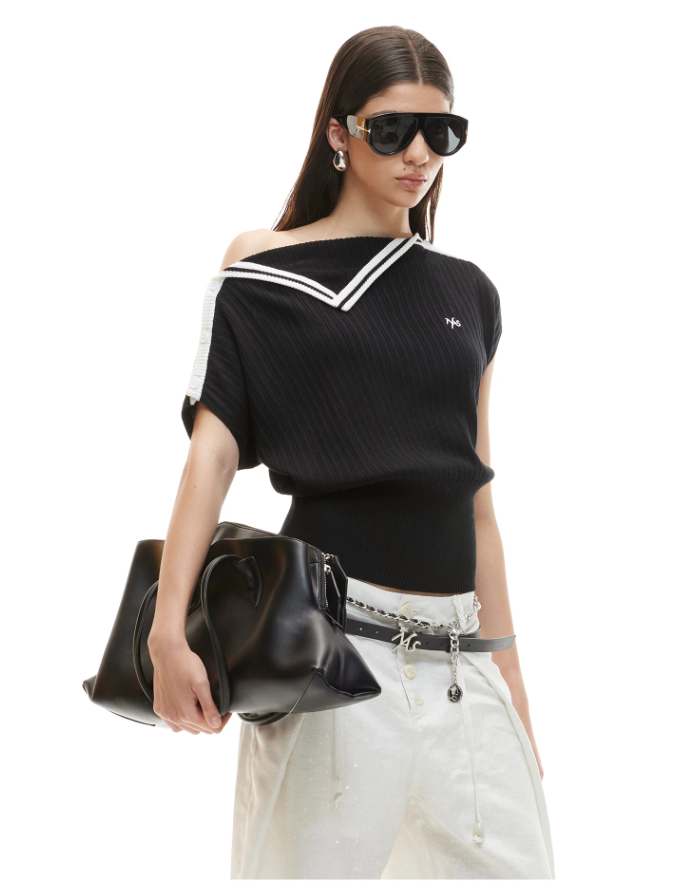 NAWS NAW-T074026 Contrast-Trim Asymmetric Off-Shoulder Striped Top