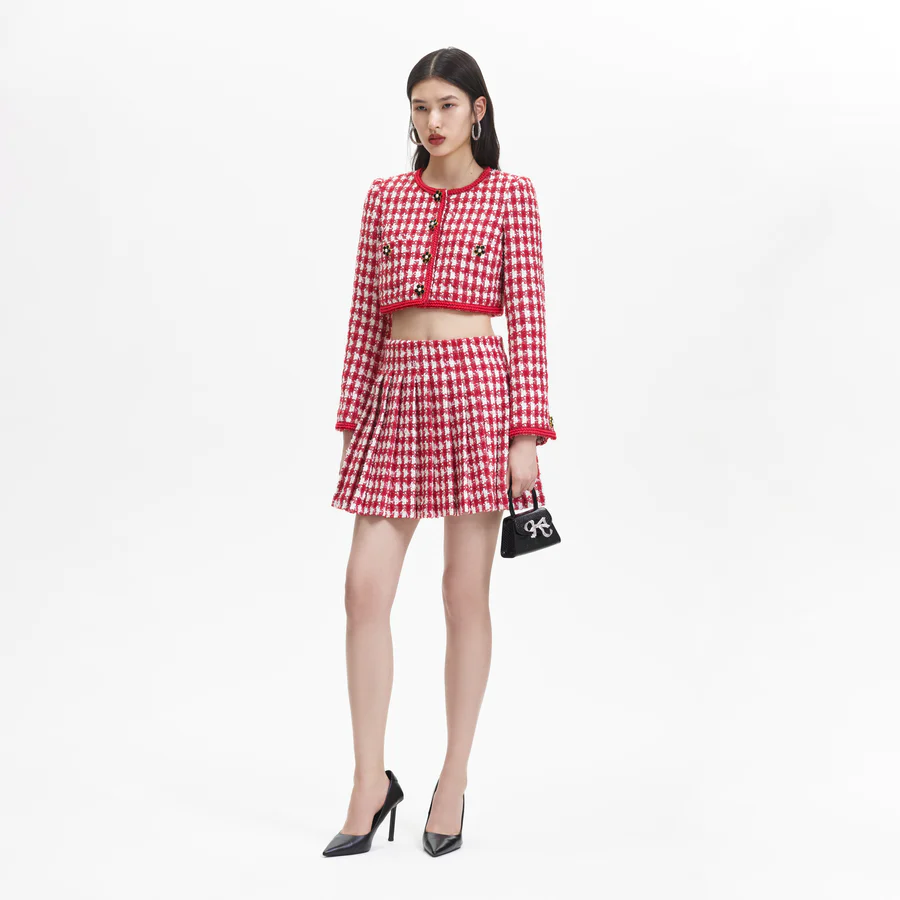 Self-Portrait Red Check Boucle Cropped Jacket