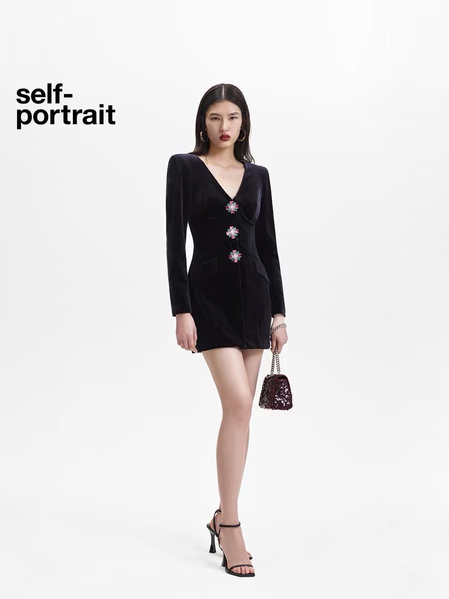 Self-Portrait BLACK VELVET V-NECK MINI DRESS