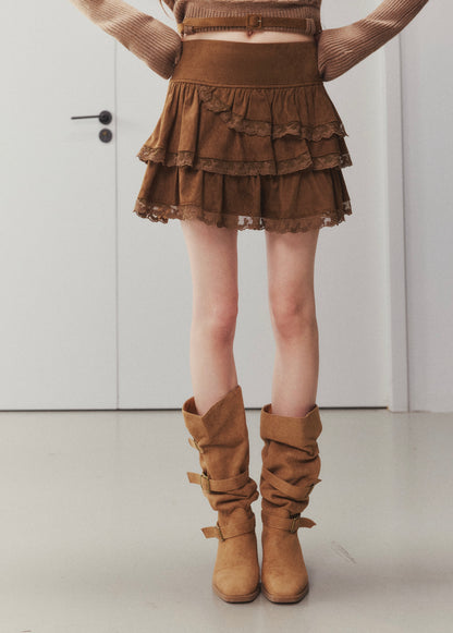 OTEBANBASS Ote260913 Lace Panel Suede Tiered Cake Skirt