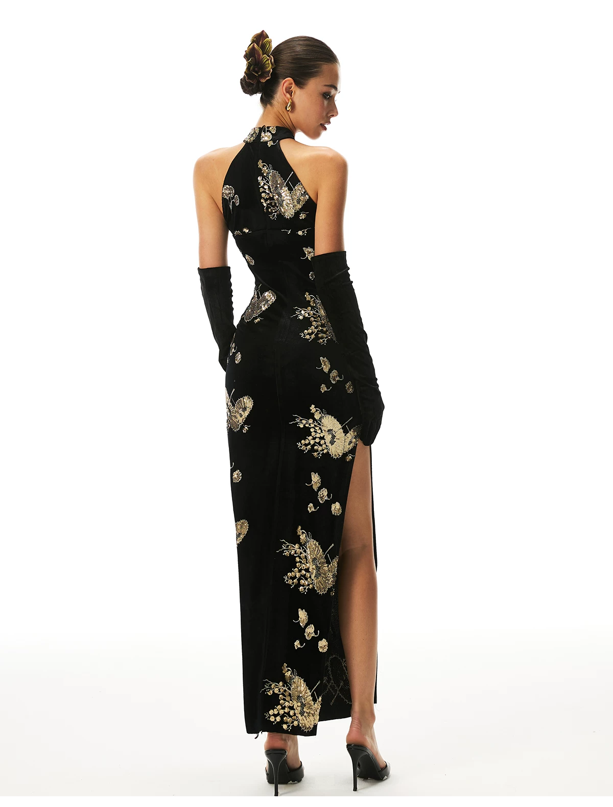 FIND YA WINGS Velvet Halter Beaded Cheongsam