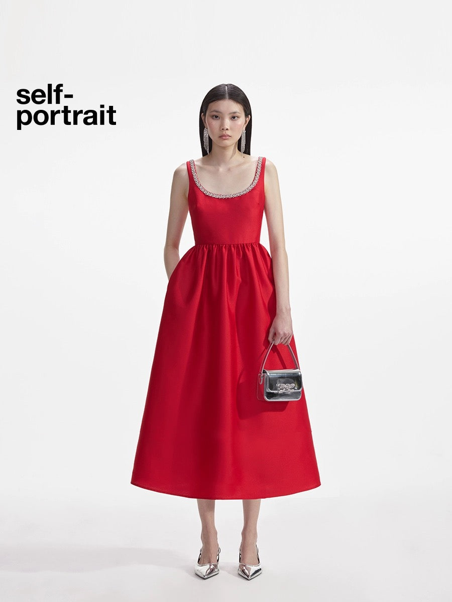 Self-Portrait RED TAFFETA DIAMANTE MIDI DRESS