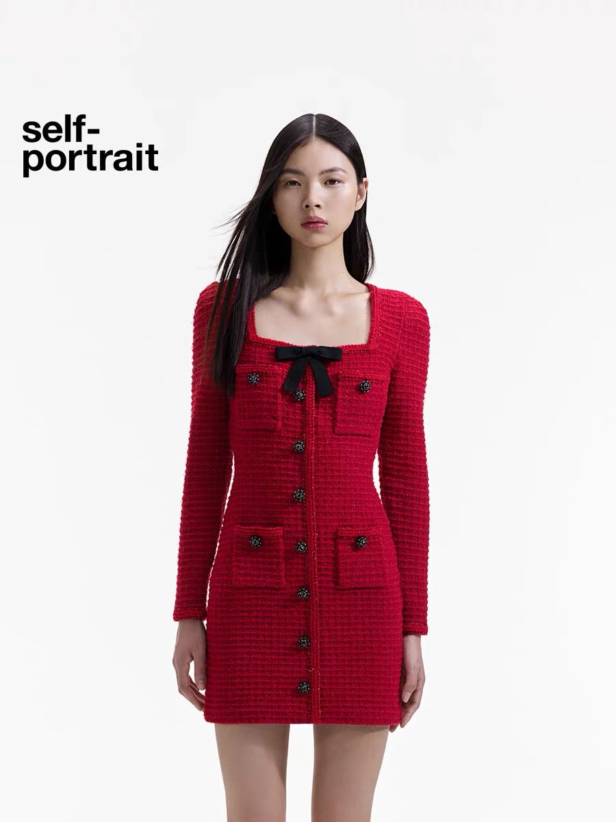 Self-Portrait RED KNIT BOW ROUND NECK MINI DRESS