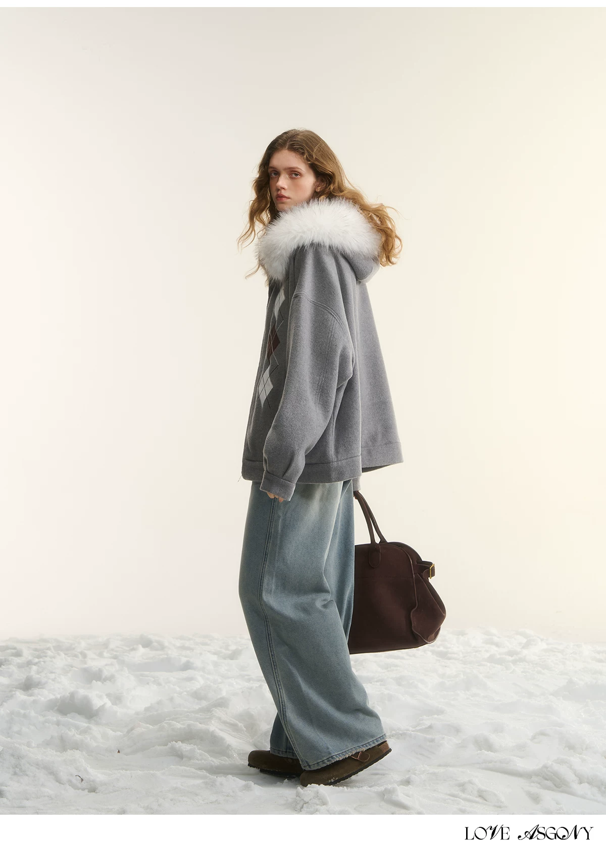 AsGony ASG25555 Diamond-quilted Hooded Cardigan with Furry Collar