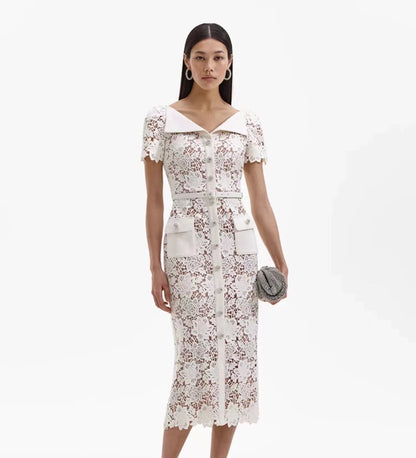 Self-Portrait WHITE LACE OPEN NECK MIDI DRESS CHUUI_Collection Self-Portrait WHITE LACE OPEN NECK MIDI DRESS CHUUI_Collection