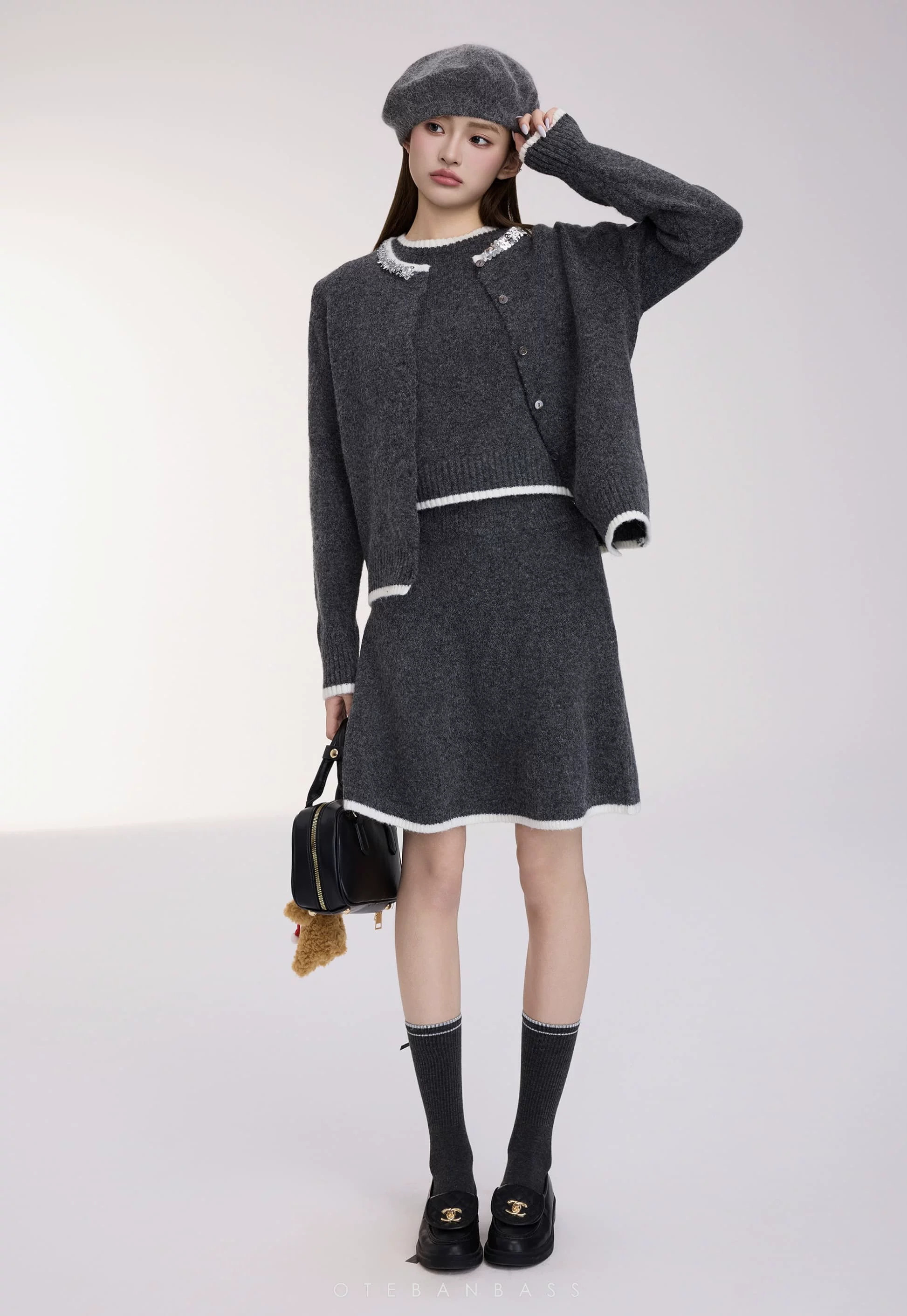 OTEBANBASS Grey Knit Three-Piece Outfit Set