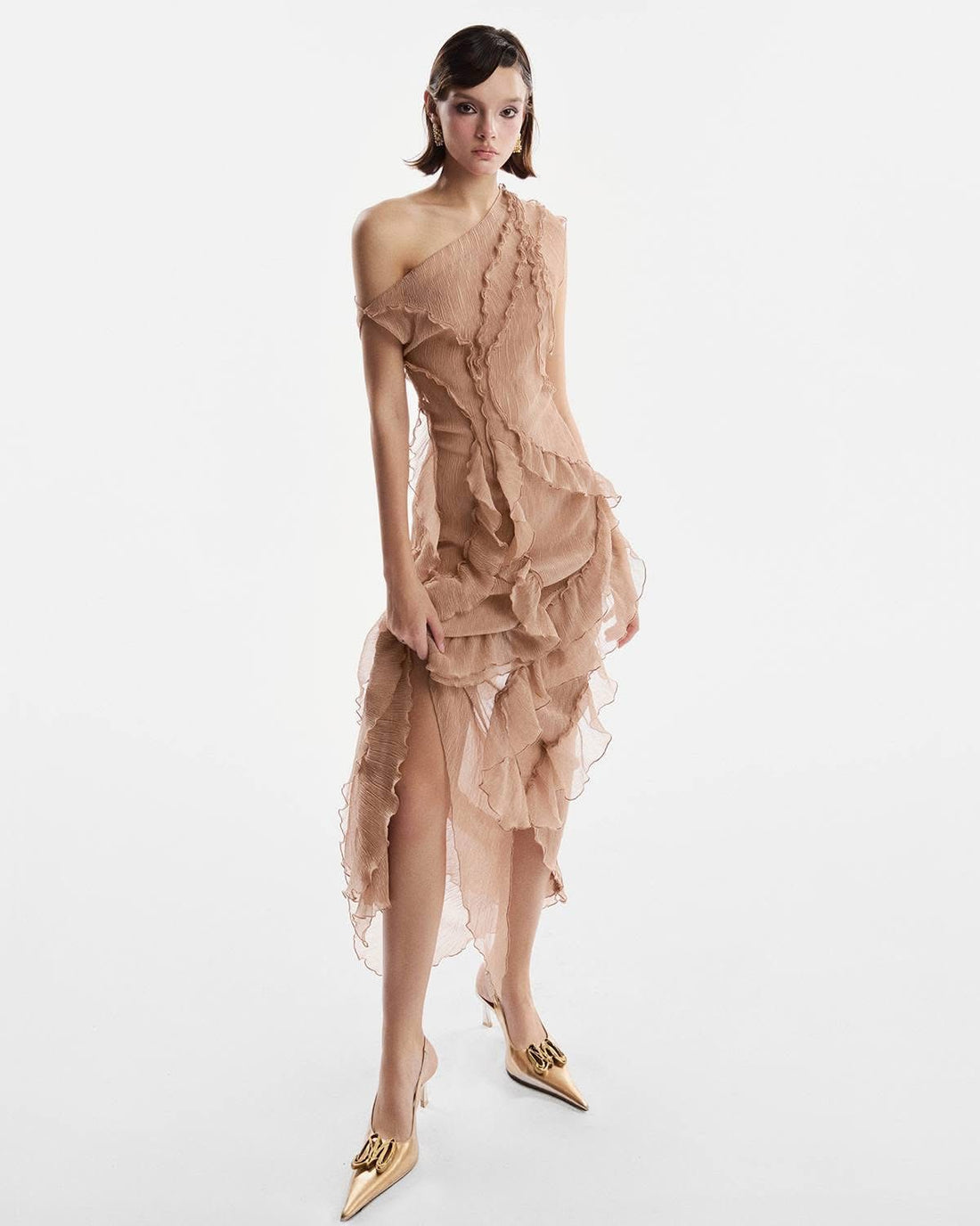 MUST HAVE BEIGE RUFFLE MIDI DRESS