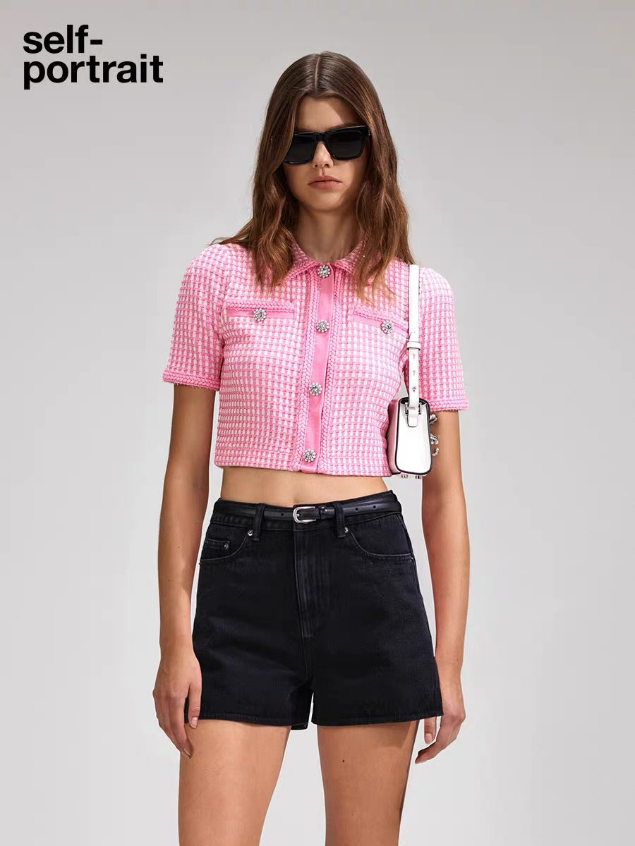 Self-Portrait  PINK GRID KNIT TOP