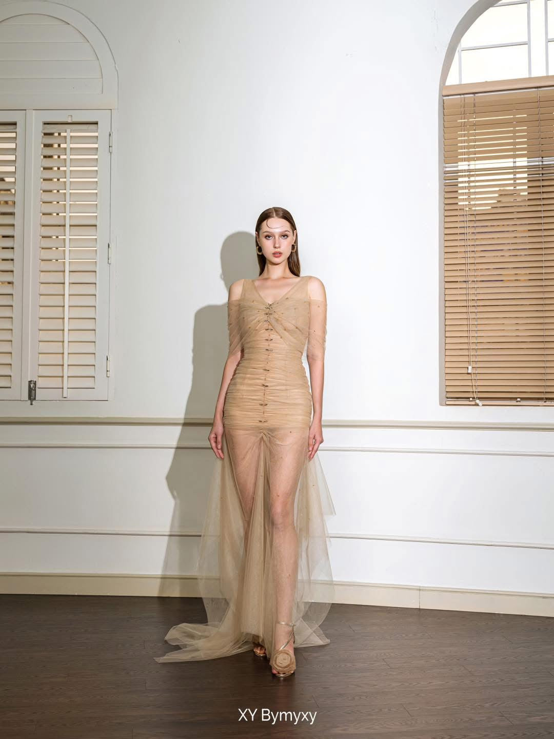 XY Bymyxy Nude chiffon figure-hugging long dress
