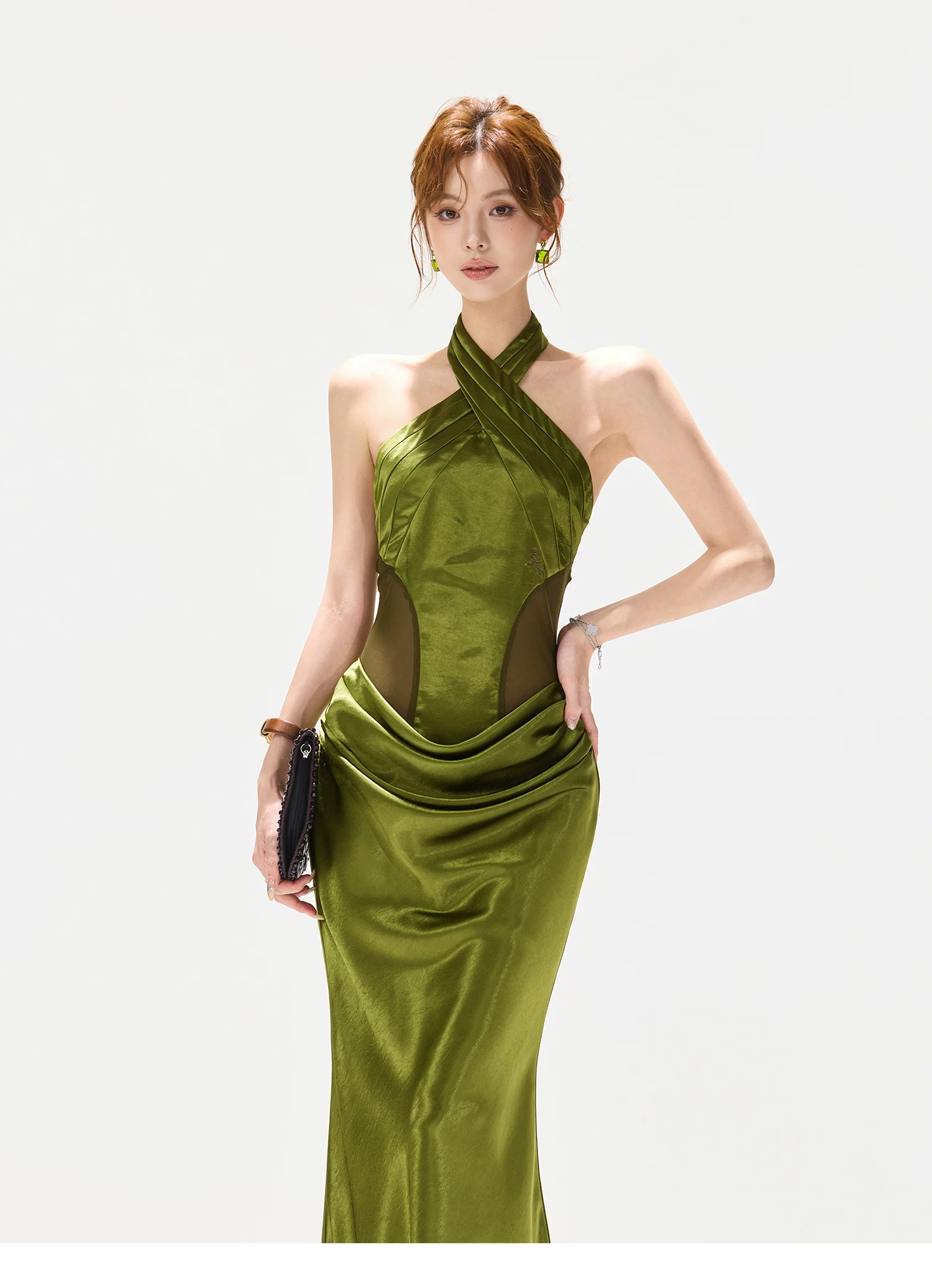 CYNR Satin Mesh Halter Fishtail Maxi Dress Slim Fit