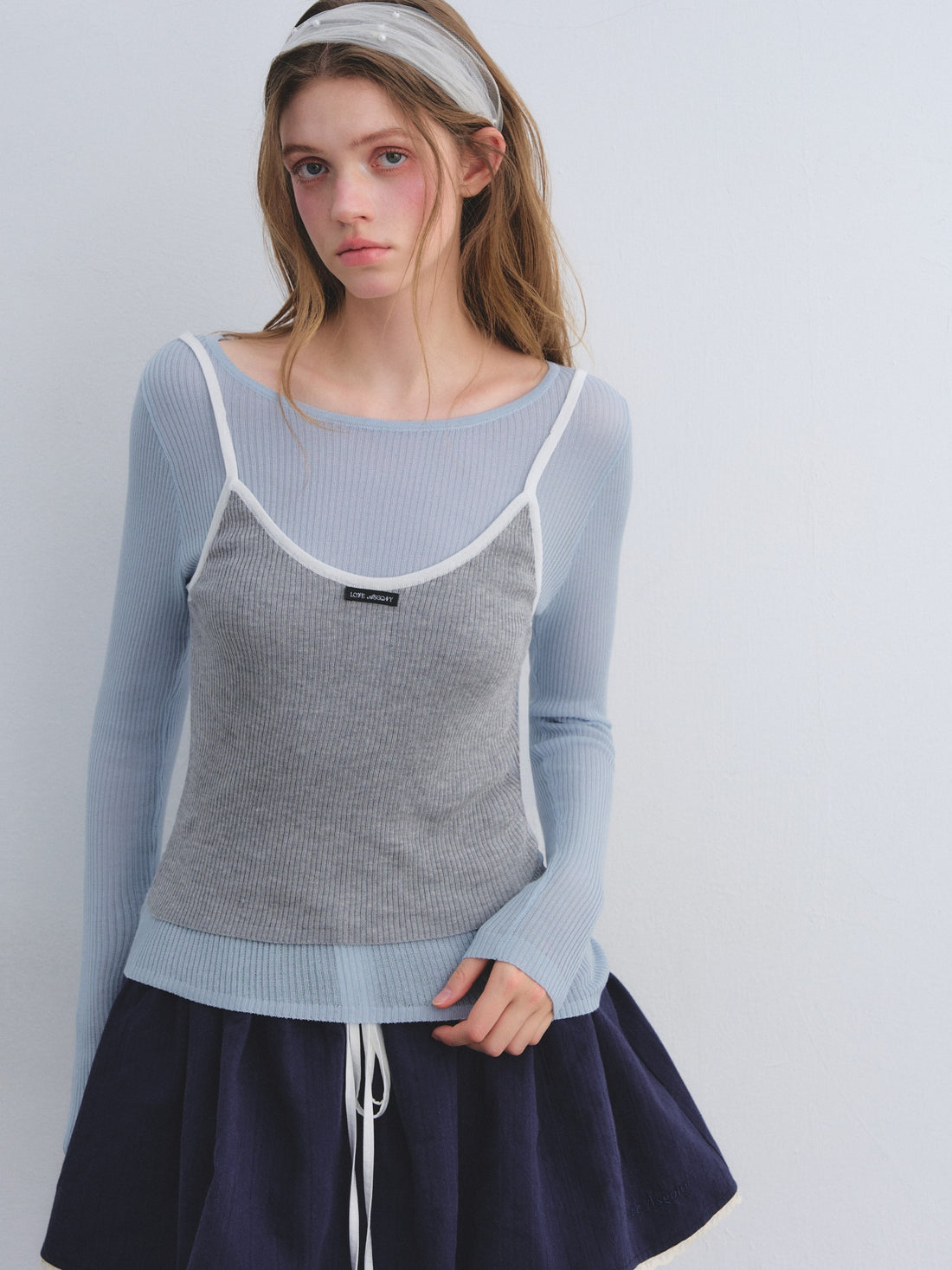 AsGony ASG25661&amp;ASG25644 Fake two-piece contrasting knitted base top + skirt set