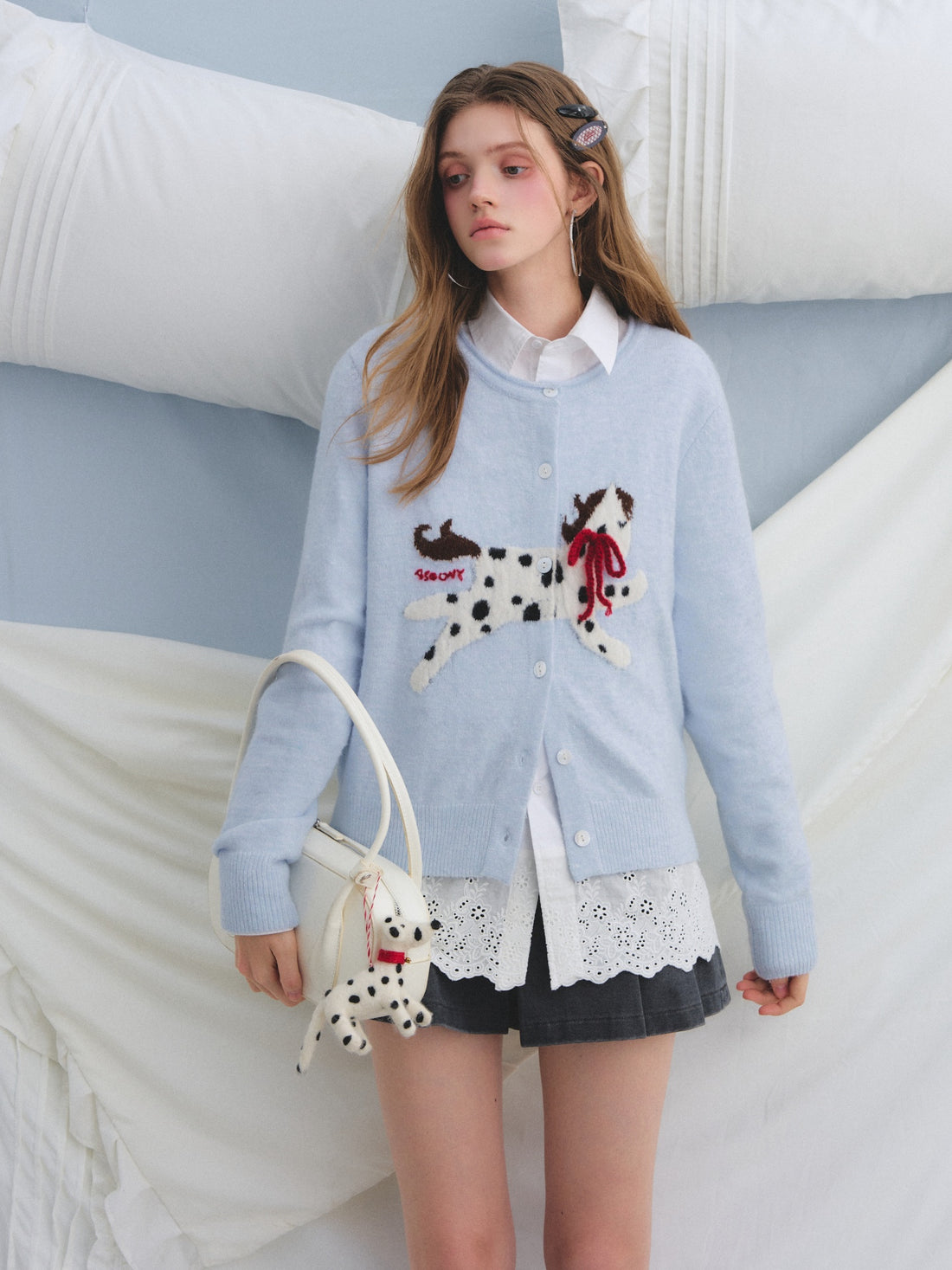 AsGony ASG25648 Pony jacquard bow round neck wool cardigan