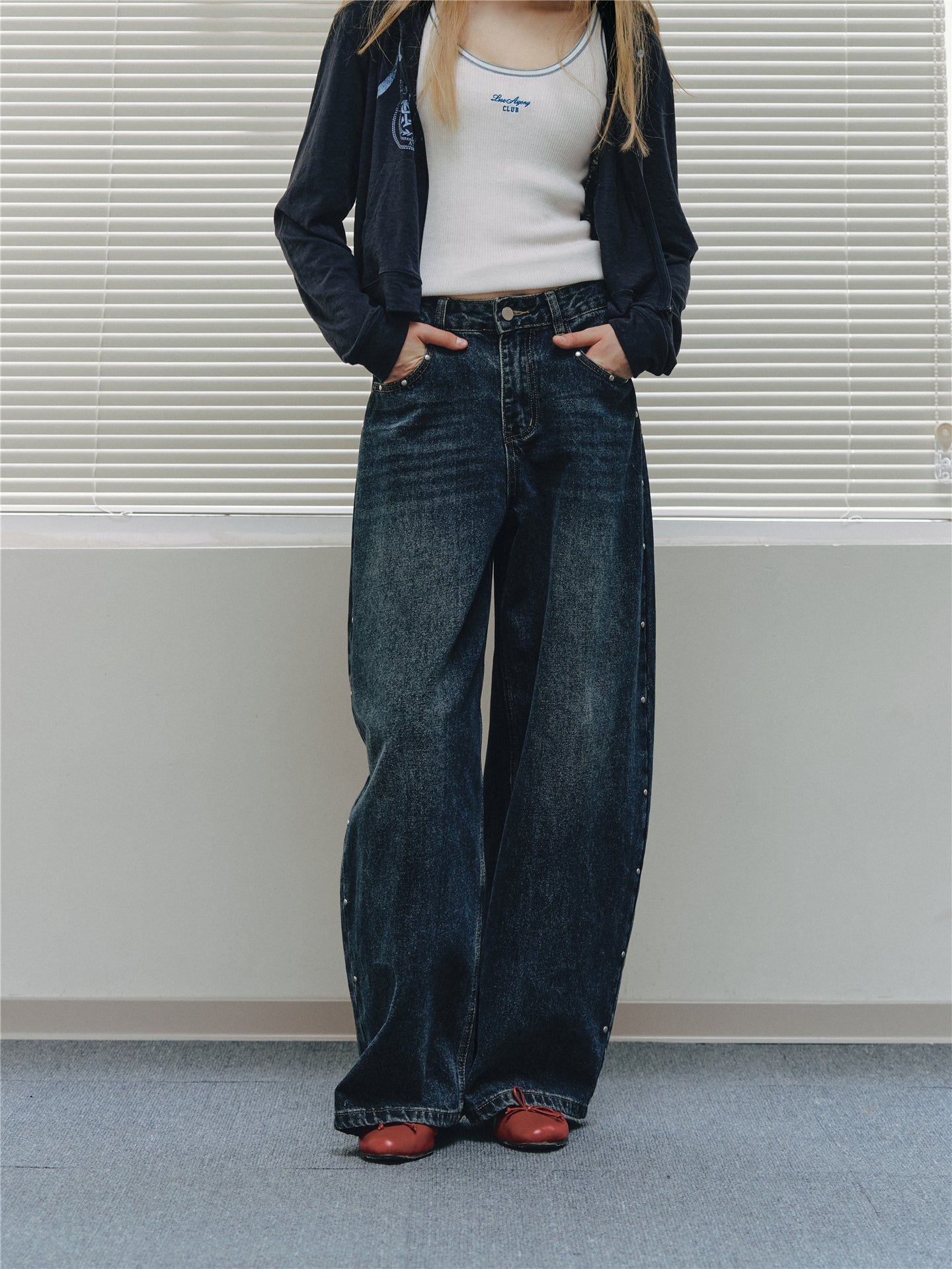 Asgony ASG26556 Vintage Washed Studded Barrel Pants