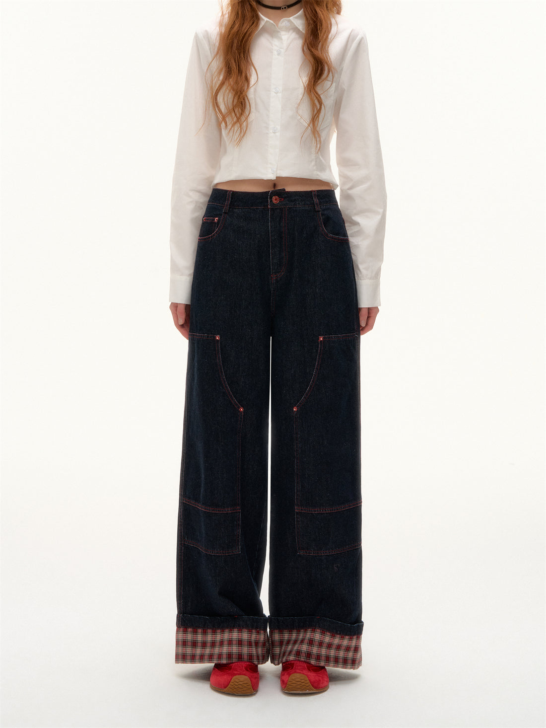 AsGony ASG25380 Plaid spliced flared hem original denim jeans