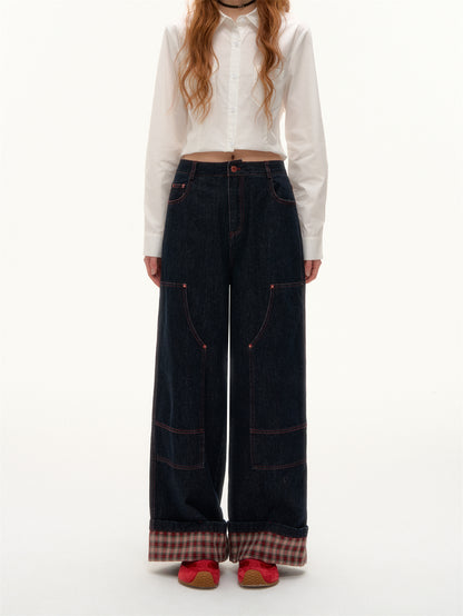 AsGony ASG25380 Plaid spliced flared hem original denim jeans